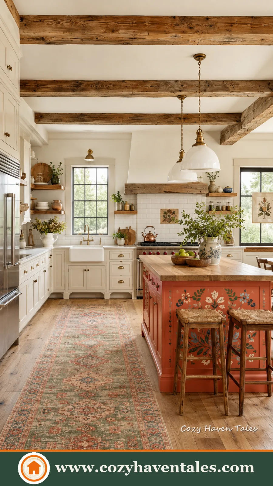 Stylish vibrant kitchen island ideas — refined interior showing the color palette and finishes