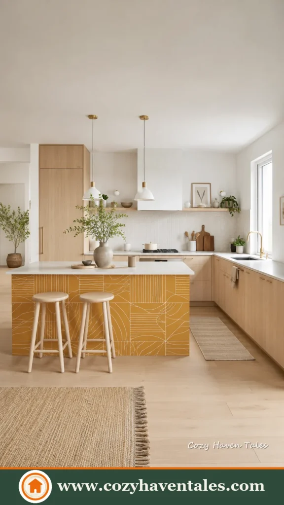 Cozy vibrant kitchen island ideas — sunlit interior showing cozy styling and smart storage