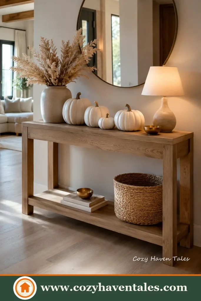 Serene white pumpkin decor ideas for entry way table with a calm interior showing statement lighting and clean lines