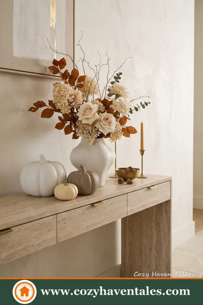 Organic Console in Soft, Earthy colors and white pumpkin display for fall