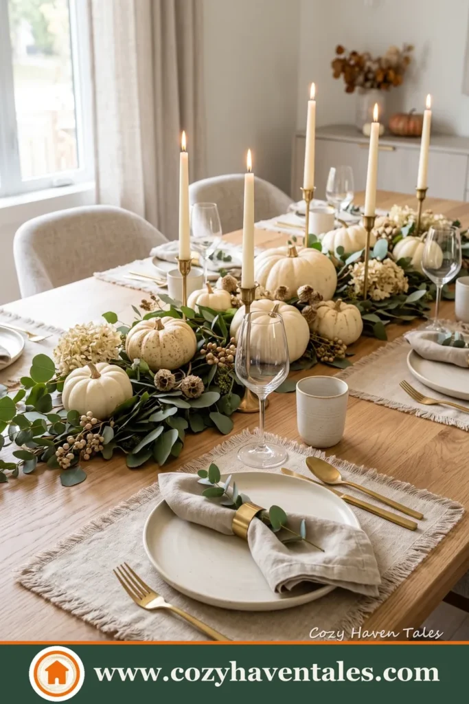 A Fresh White pumpkin and Green garland, leaves on Dinner Table