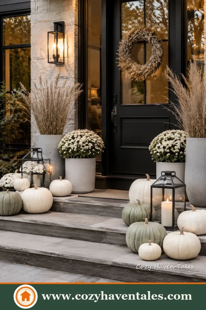 Stylish white pumpkin decor ideas for door entrance