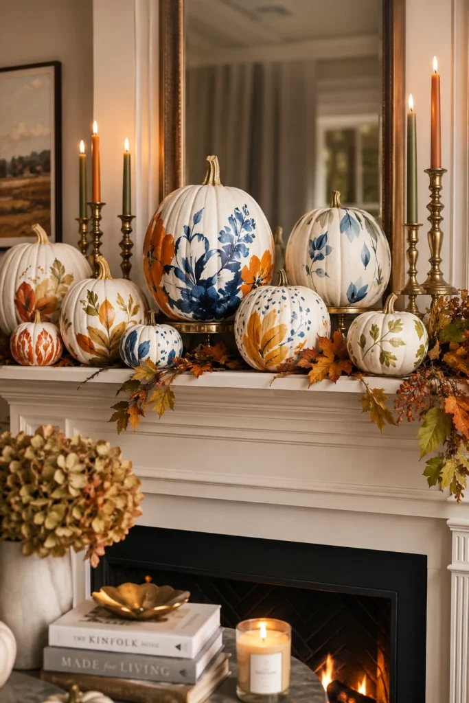 White pumpkins with blue and burnt-orange floral artwork