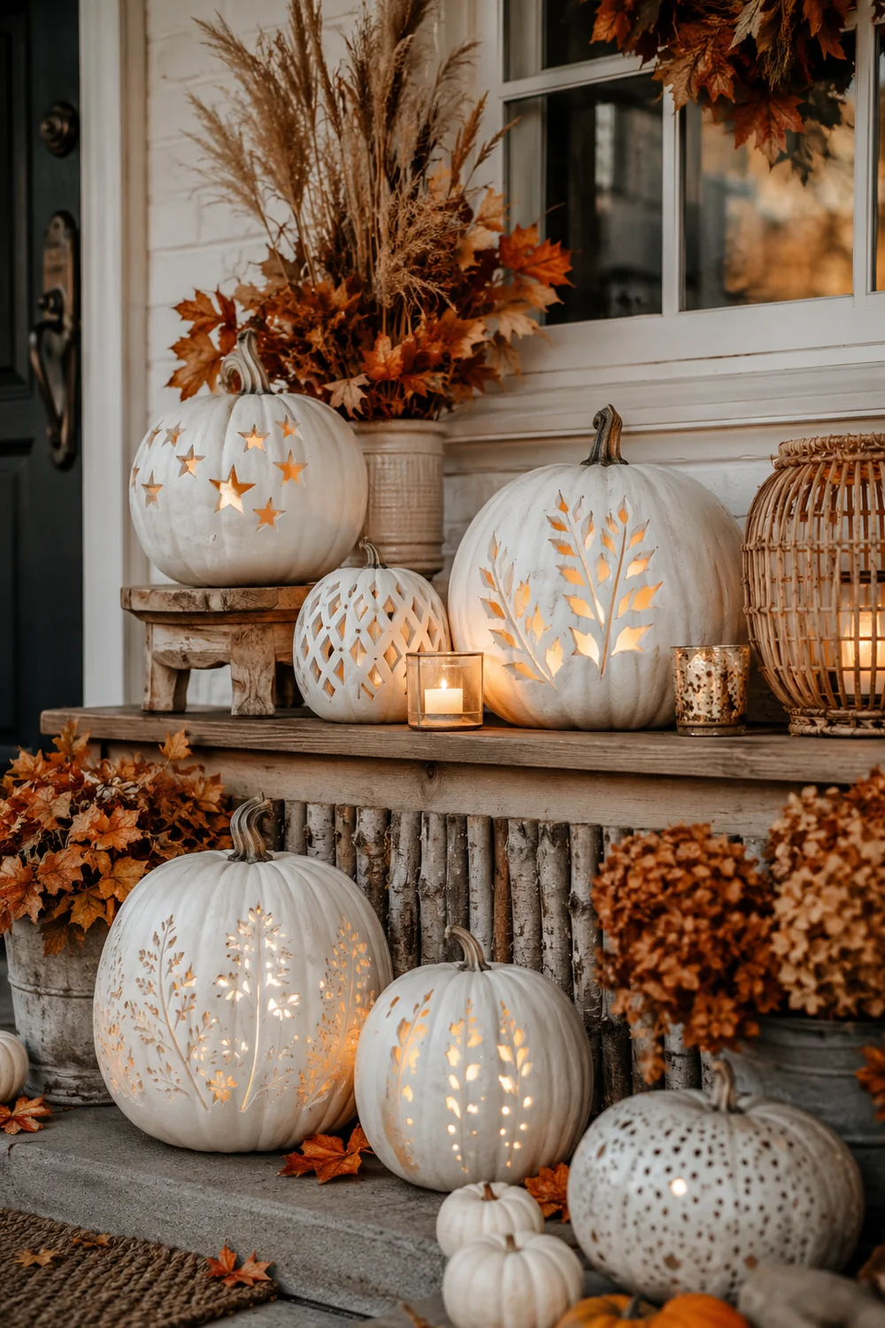 Leafy carvings and tiny perforations transform white pumpkins into delicate seasonal lanterns.