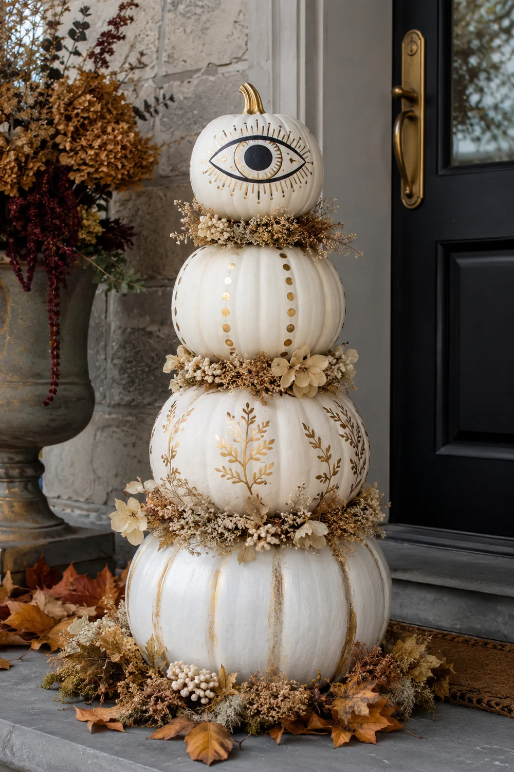 A watchful painted eye gives this stacked pumpkin display a whimsical focal point.