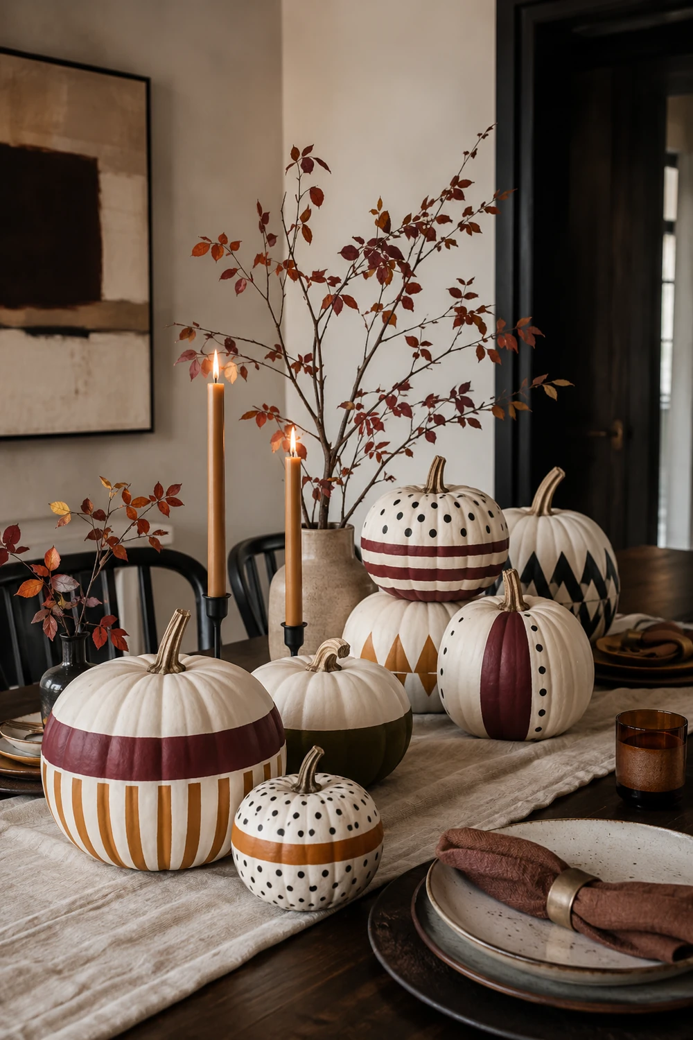 Graphic patterns bring a modern edge to a warm autumn tablescape.