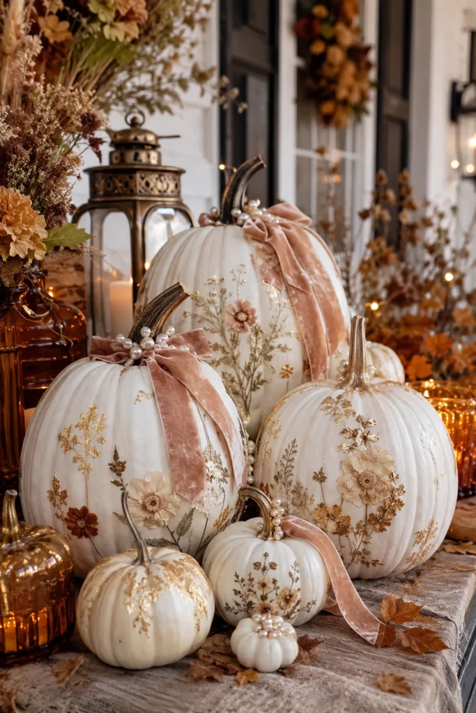Velvet and Pressed-Flower White Pumpkins