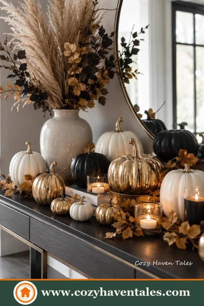 Mix of finishes. Warm brass, matte black, and a touch of gold give a neutral mantel real depth once the fire is lit.