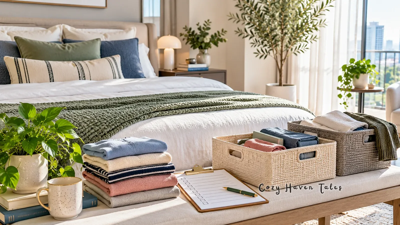 Clipboard checklist, folded sweaters and woven baskets on a bench at the foot of a bed