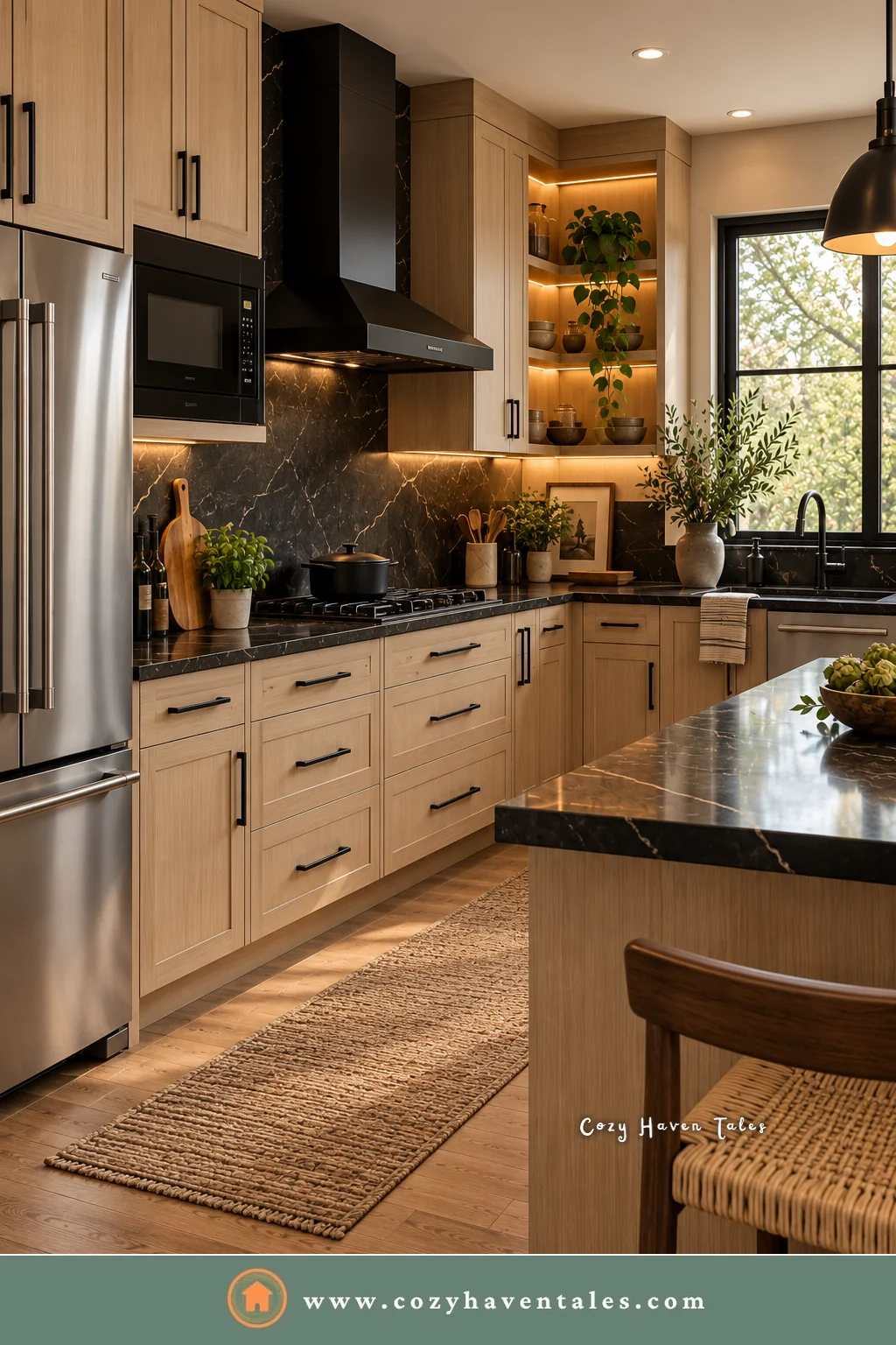 Wood kitchen with a black range hood and black microwave beside a stainless steel refrigerator and black marble counters
