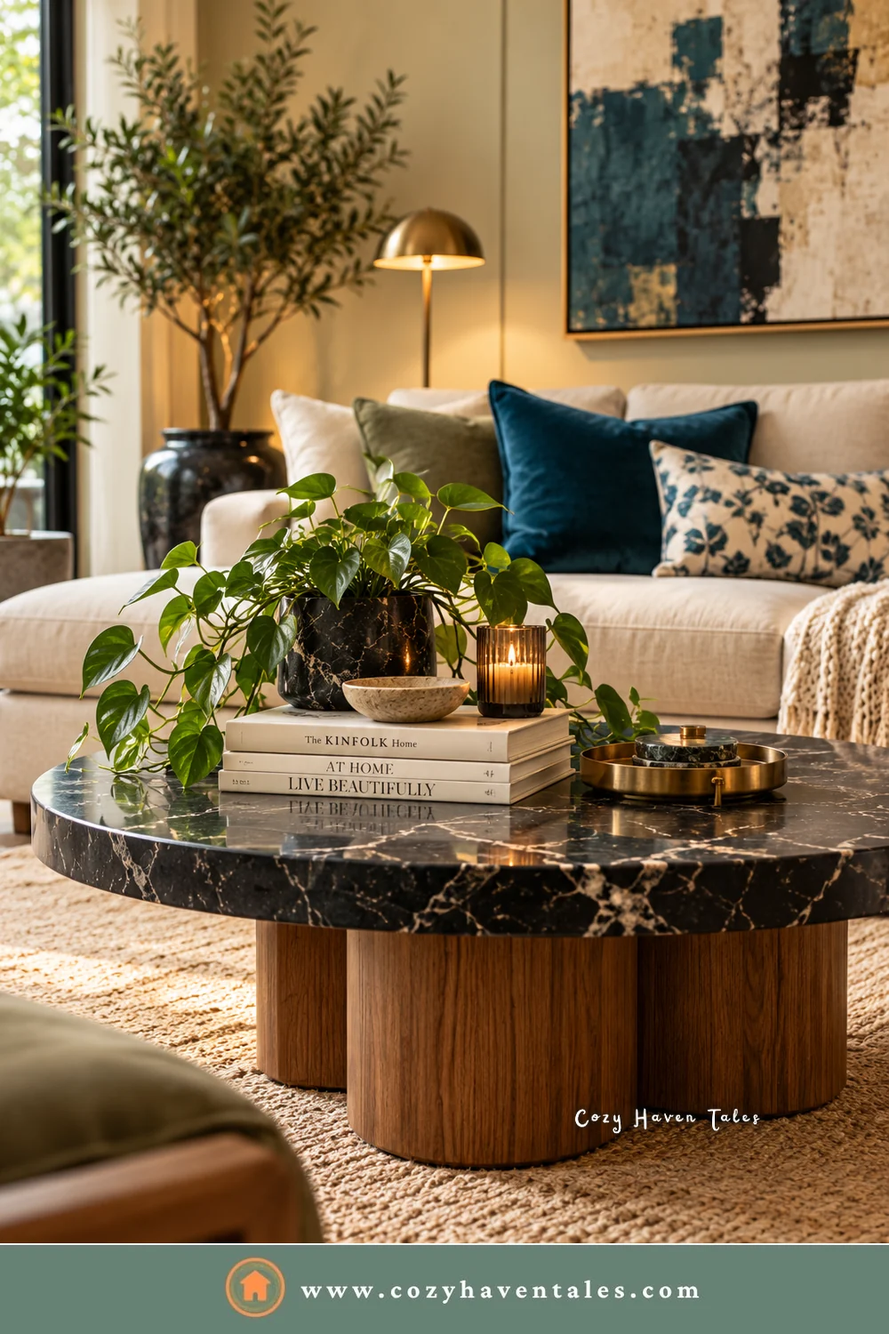 Round black marble coffee table on a chunky wood base, with a cream sofa, a trailing plant, and stacked books