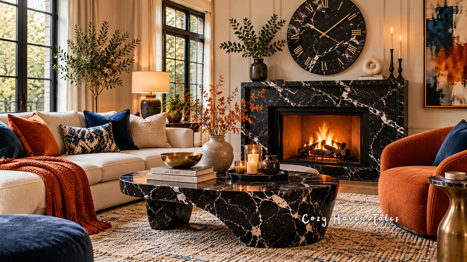 Living room with a black marble coffee table, a black marble fireplace, a cream sofa, and rust and navy accents in warm evening light