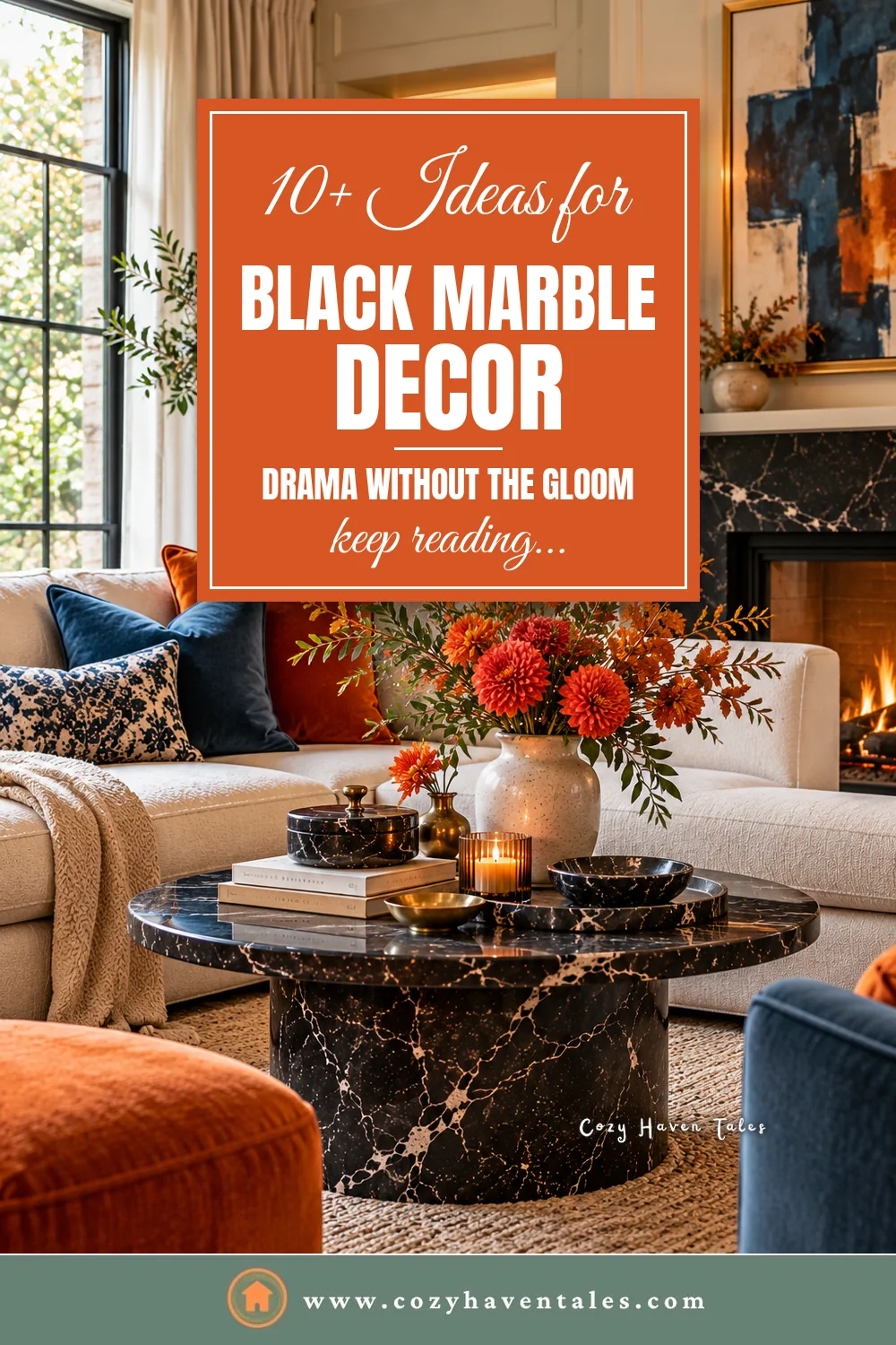 10+ black marble decor ideas title image, a living room with a black marble coffee table, orange flowers, and a black marble fireplace