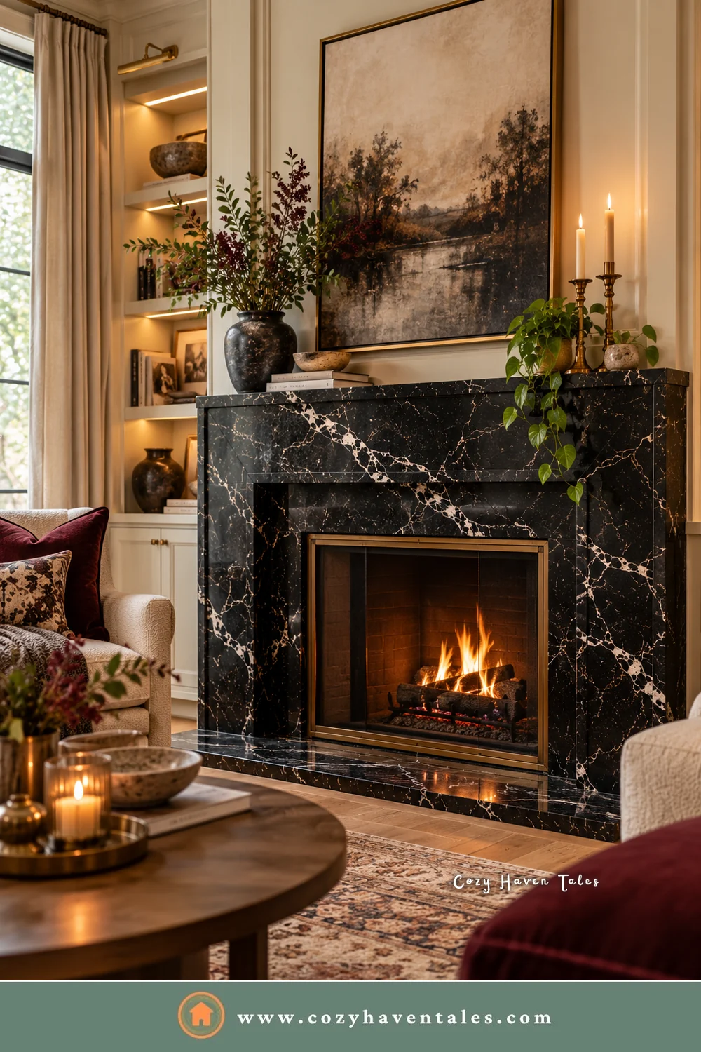 Black marble decor around a fireplace, with white veining, a cream wall, and brass candlesticks on the mantel