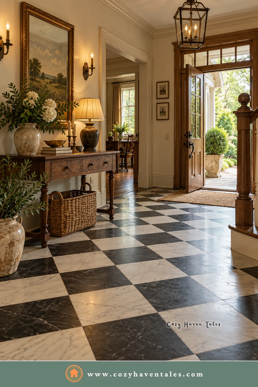 Entryway floor in a black and white marble checkerboard with cream walls, a wood console, and a warm wood front door