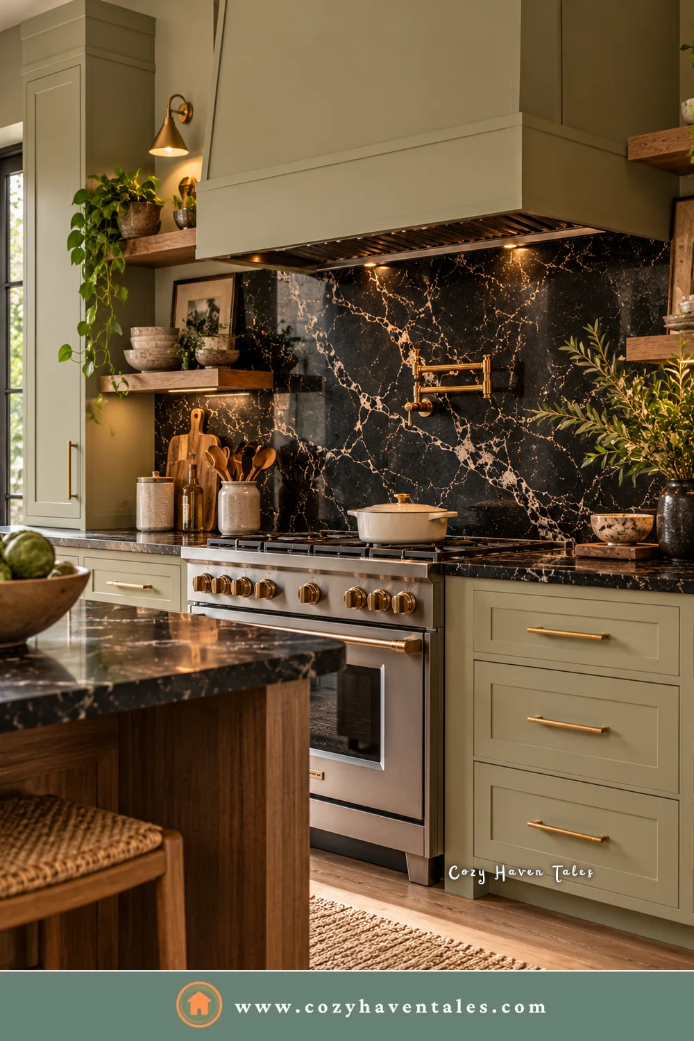 Black marble decor in a kitchen, with a slab backsplash behind the range, sage cabinets, and a brass pot filler
