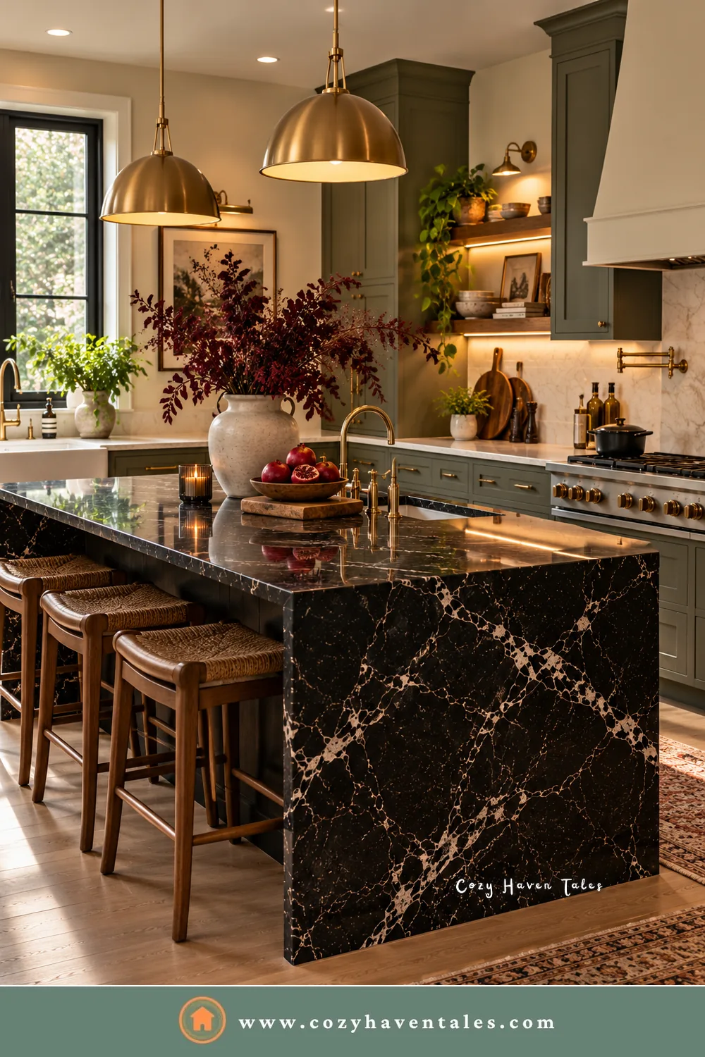 Kitchen island with a black marble waterfall top, deep green cabinets, brass pendants, and wood counter stools