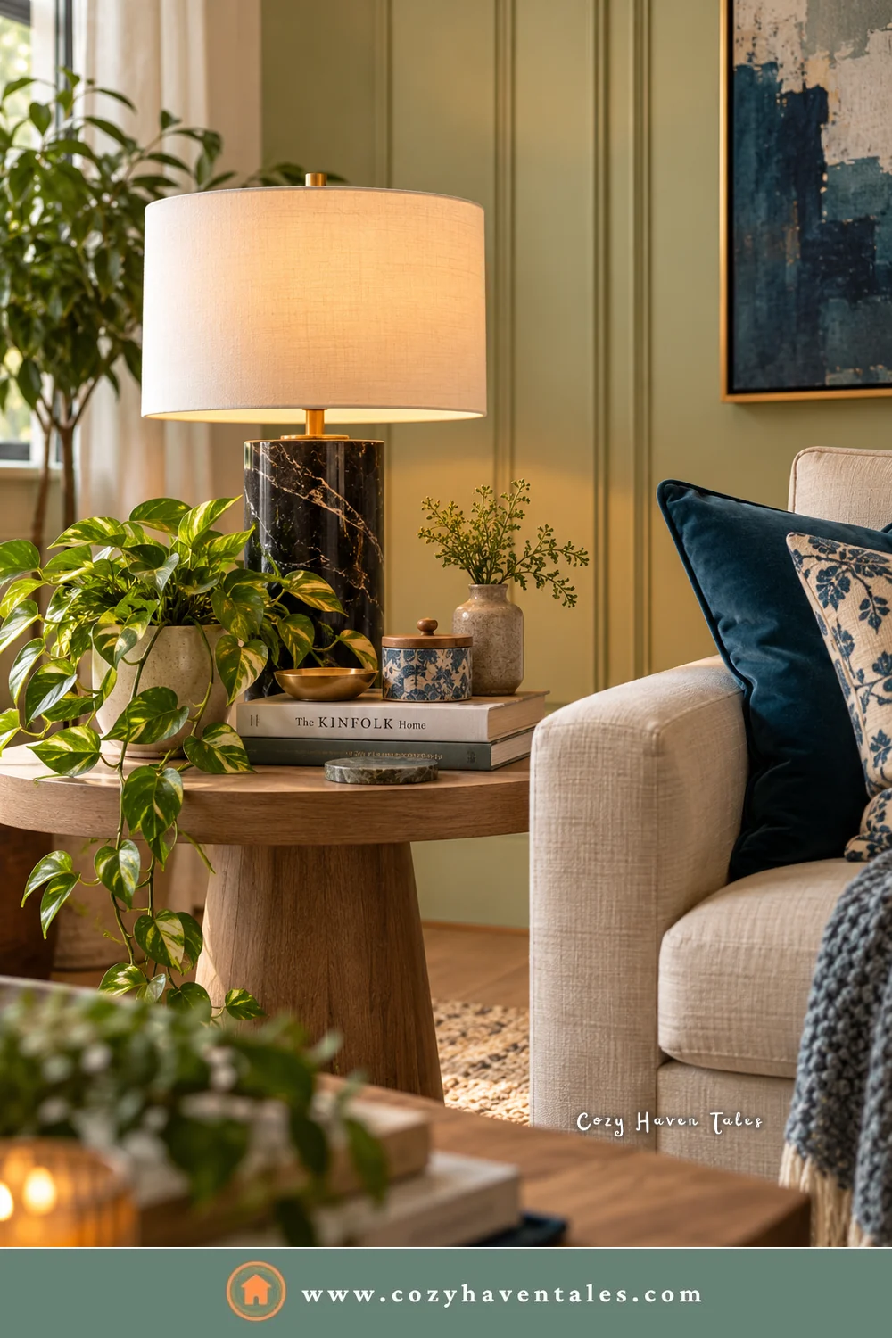 A black marble lamp base with a cream shade on a round wood side table, beside a linen armchair