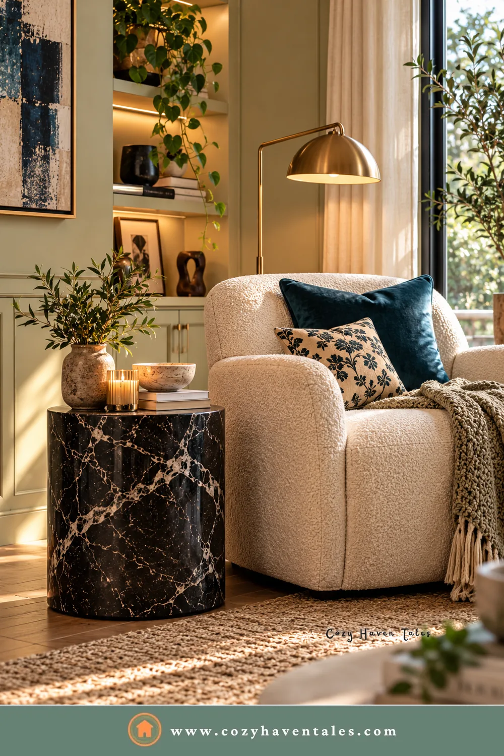 A black marble drum side table beside a cream boucle chair, with navy pillows and a brass floor lamp