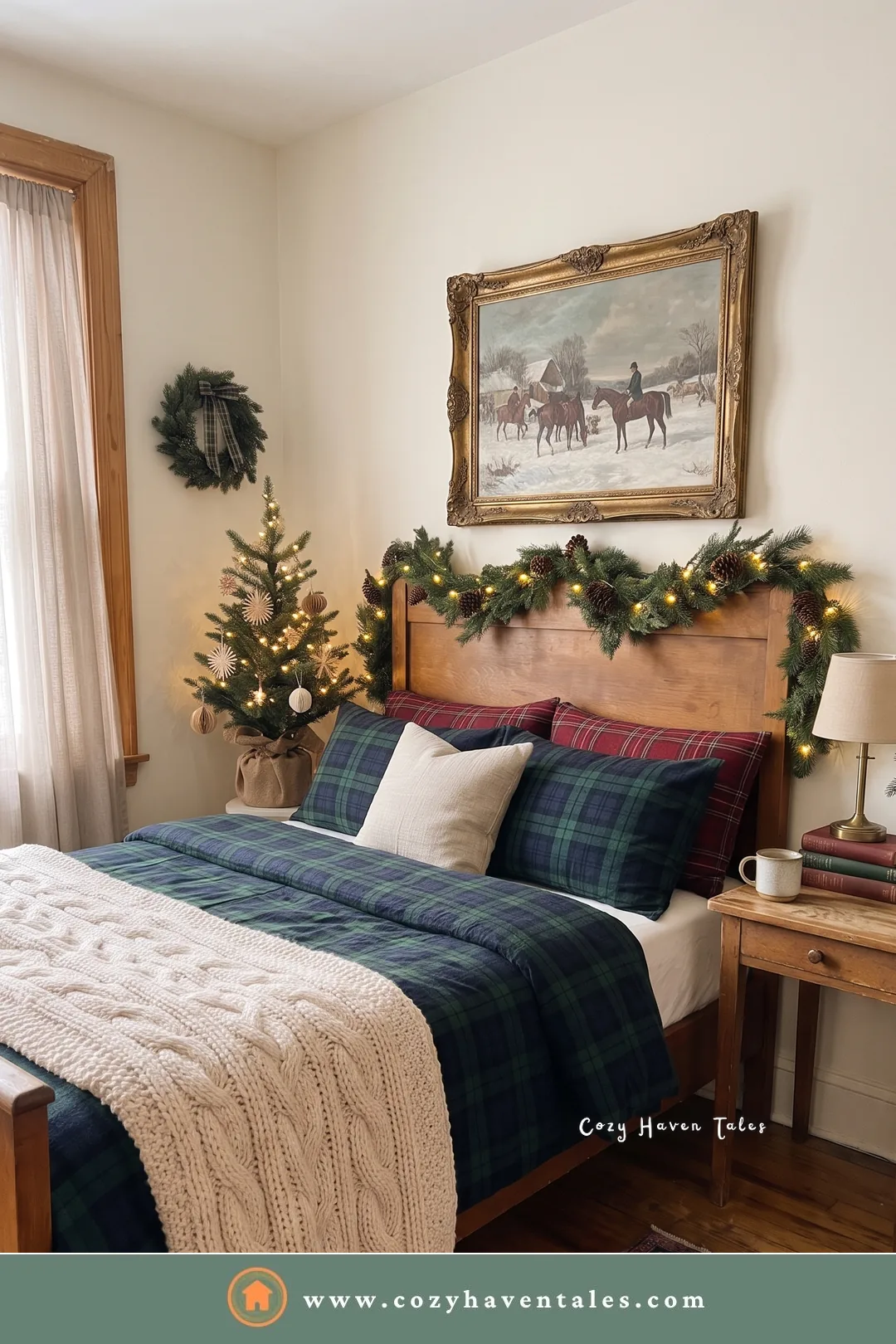 Christmas bedroom decor with fir garland on a wooden headboard, Black Watch plaid bedding, and a chunky knit throw