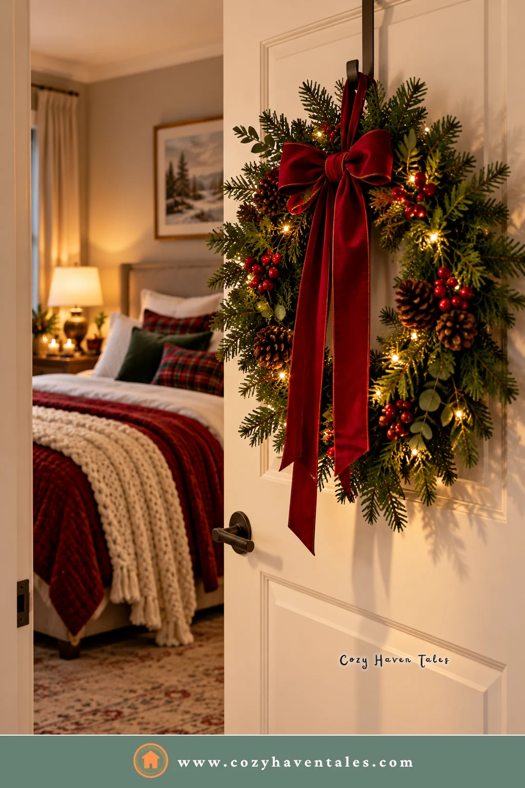 Fresh wreath with a velvet ribbon hung on a white bedroom door, an easy piece of Christmas bedroom decor