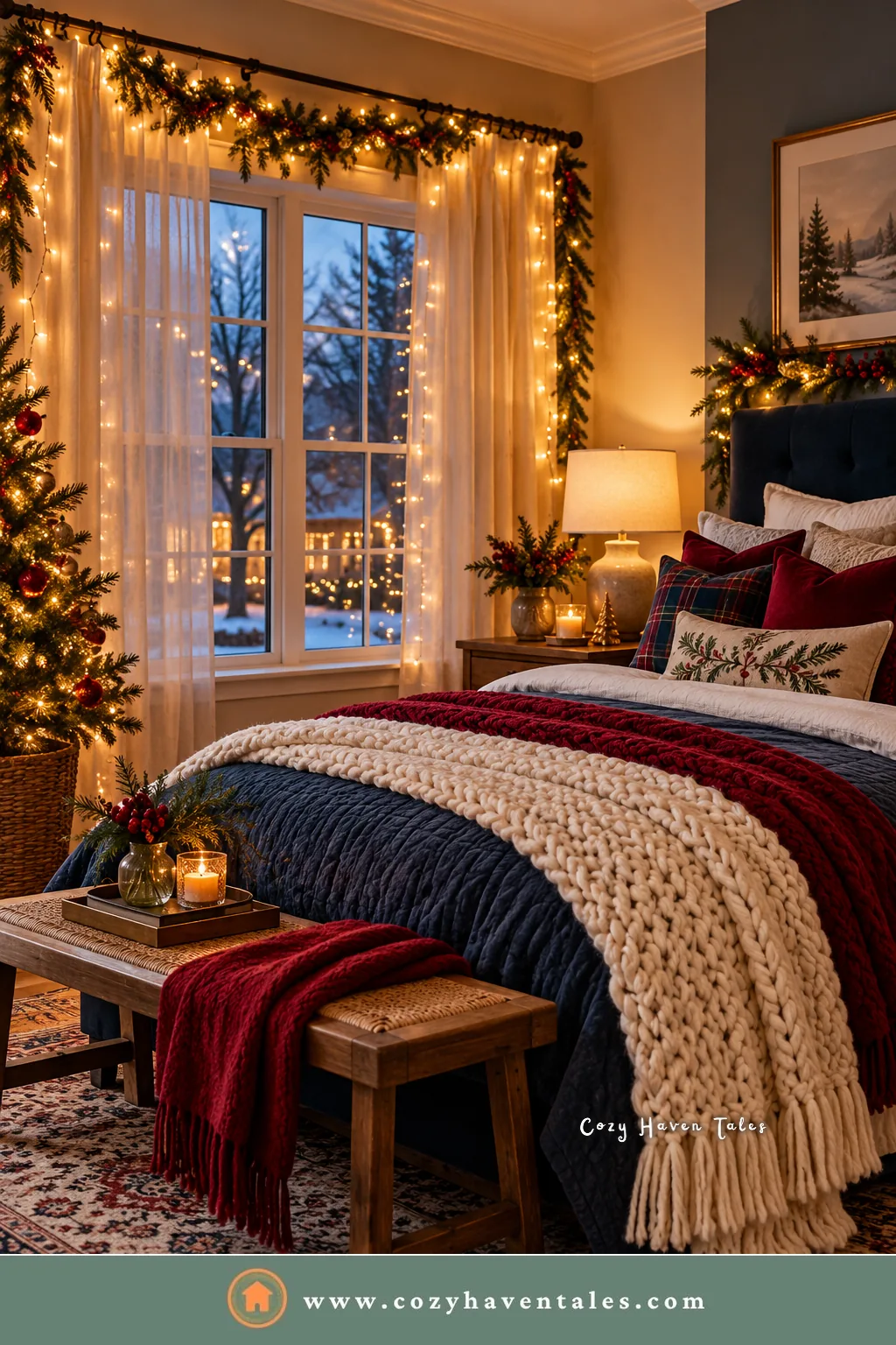 Warm white fairy lights around a bedroom window with sheer curtains above a bed with a knit throw