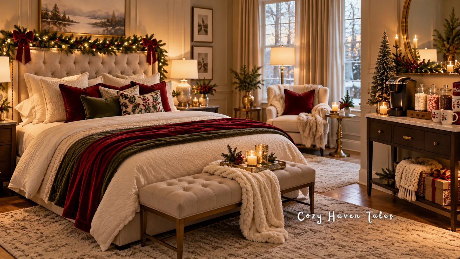 Cozy bedroom with red plaid bedding, a cream knit throw, garland above the bed, and warm lamps glowing on both nightstands
