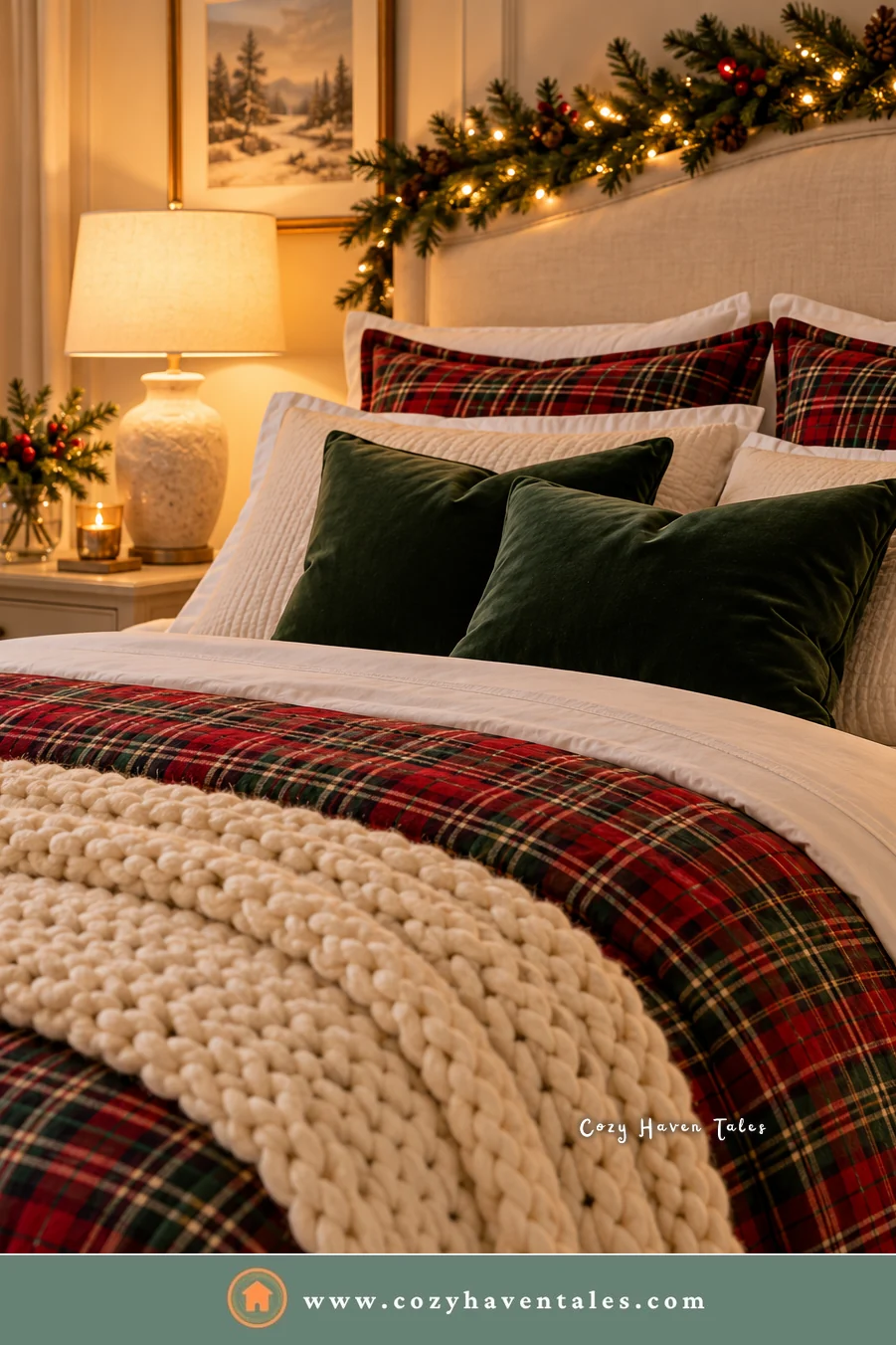 Guest bedroom with tartan bedding, green velvet pillows, and a warm bedside lamp, simple Christmas bedroom decor