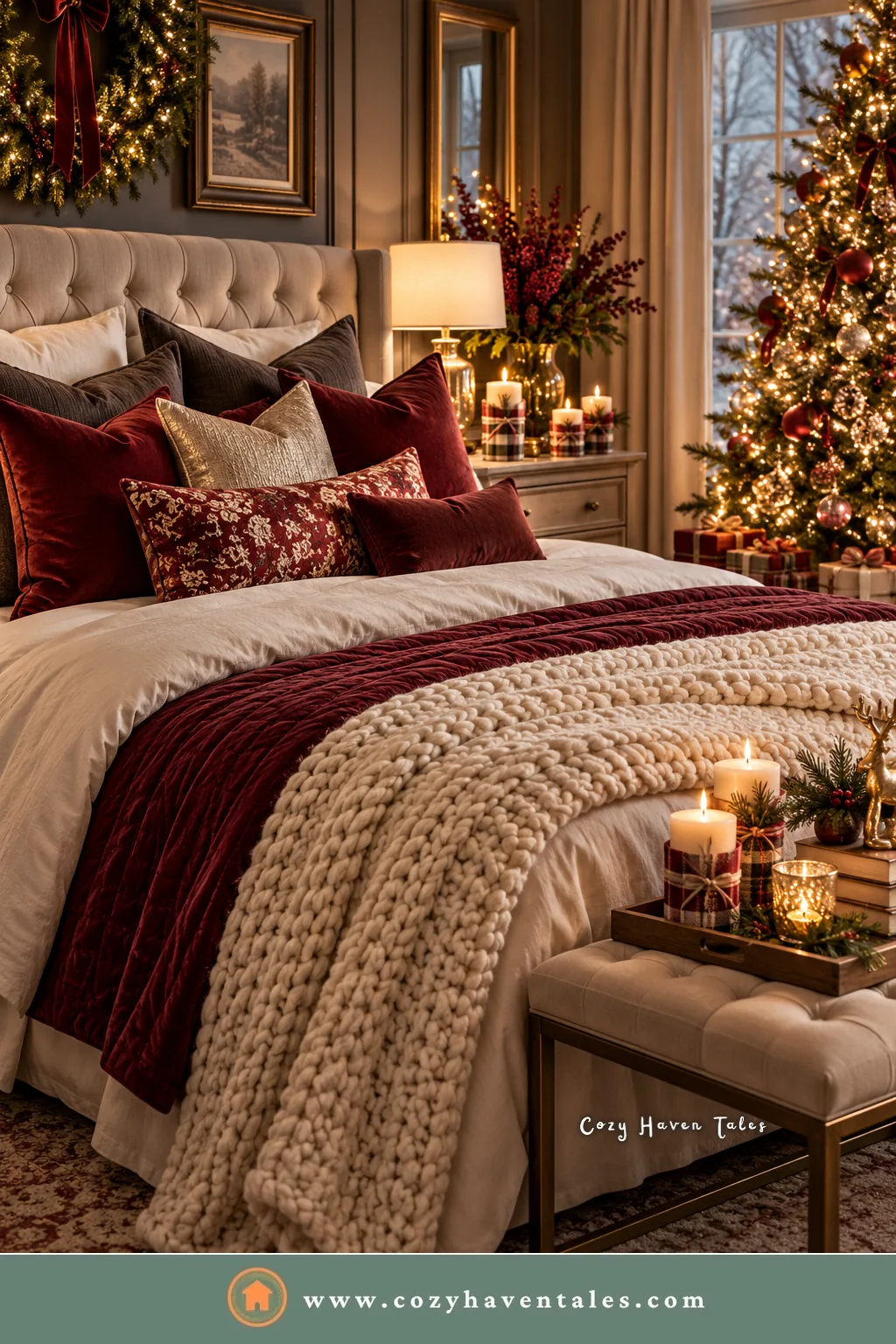 Luxurious Christmas bedroom decor with burgundy and cream bedding, a candle tray on the bench, and a lit tree by the window