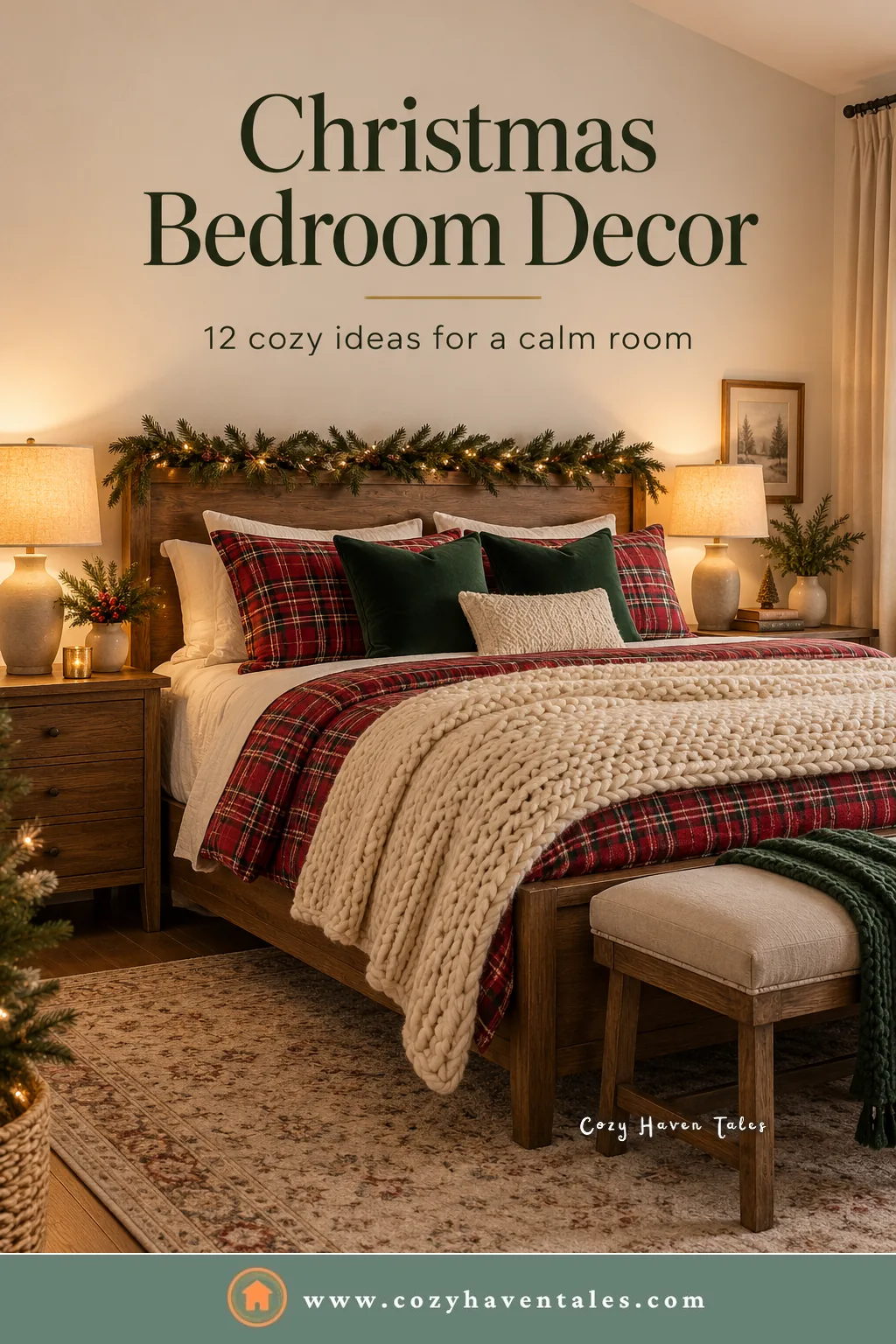 Christmas bedroom decor ideas title image with a plaid-covered bed, a knit throw, and warm lamps