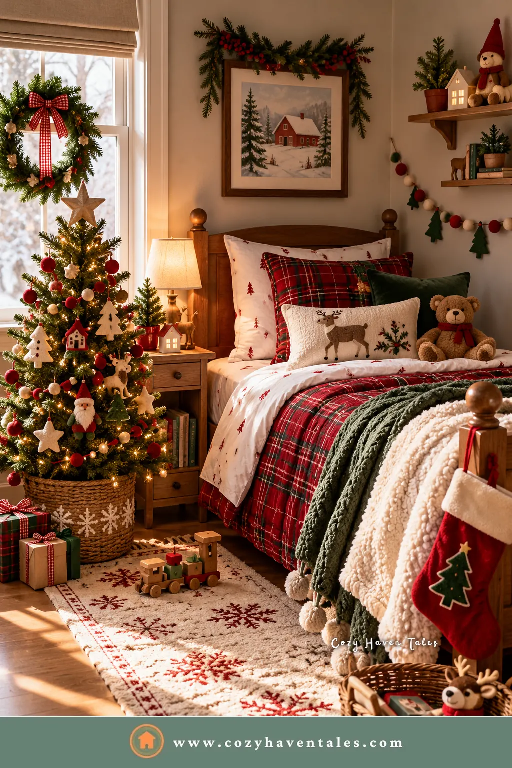 Kids' Christmas bedroom decor with a small tree, felt garland, red plaid quilt, and a stocking on the bedpost