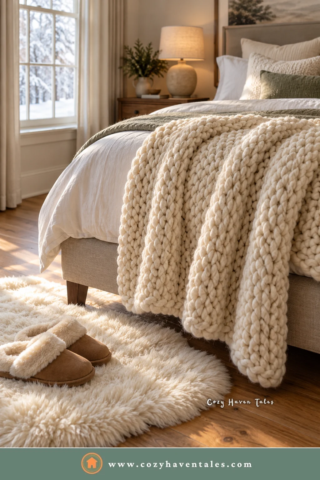 Chunky cream knit throw on a bed with a sheepskin rug on the floor beside it, warm Christmas bedroom decor