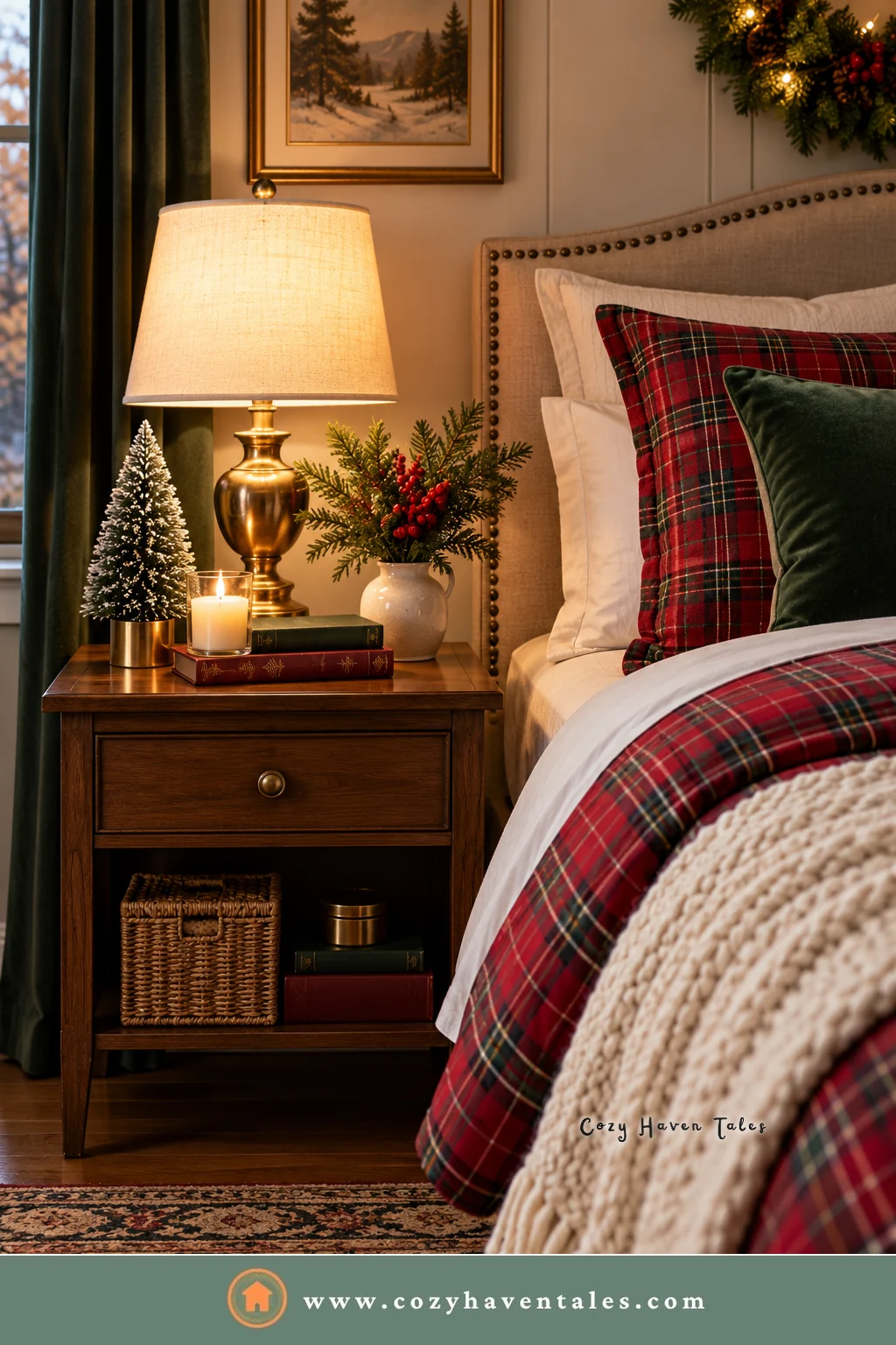 Nightstand with a brass lamp, a small bottle brush tree, a candle, and a stack of books for Christmas bedroom decor