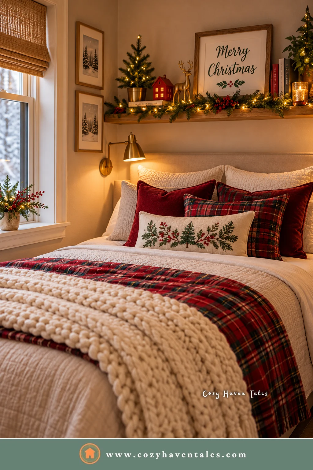 Red plaid bedding with red velvet pillows and a cream knit throw under a garland shelf, simple Christmas bedroom decor