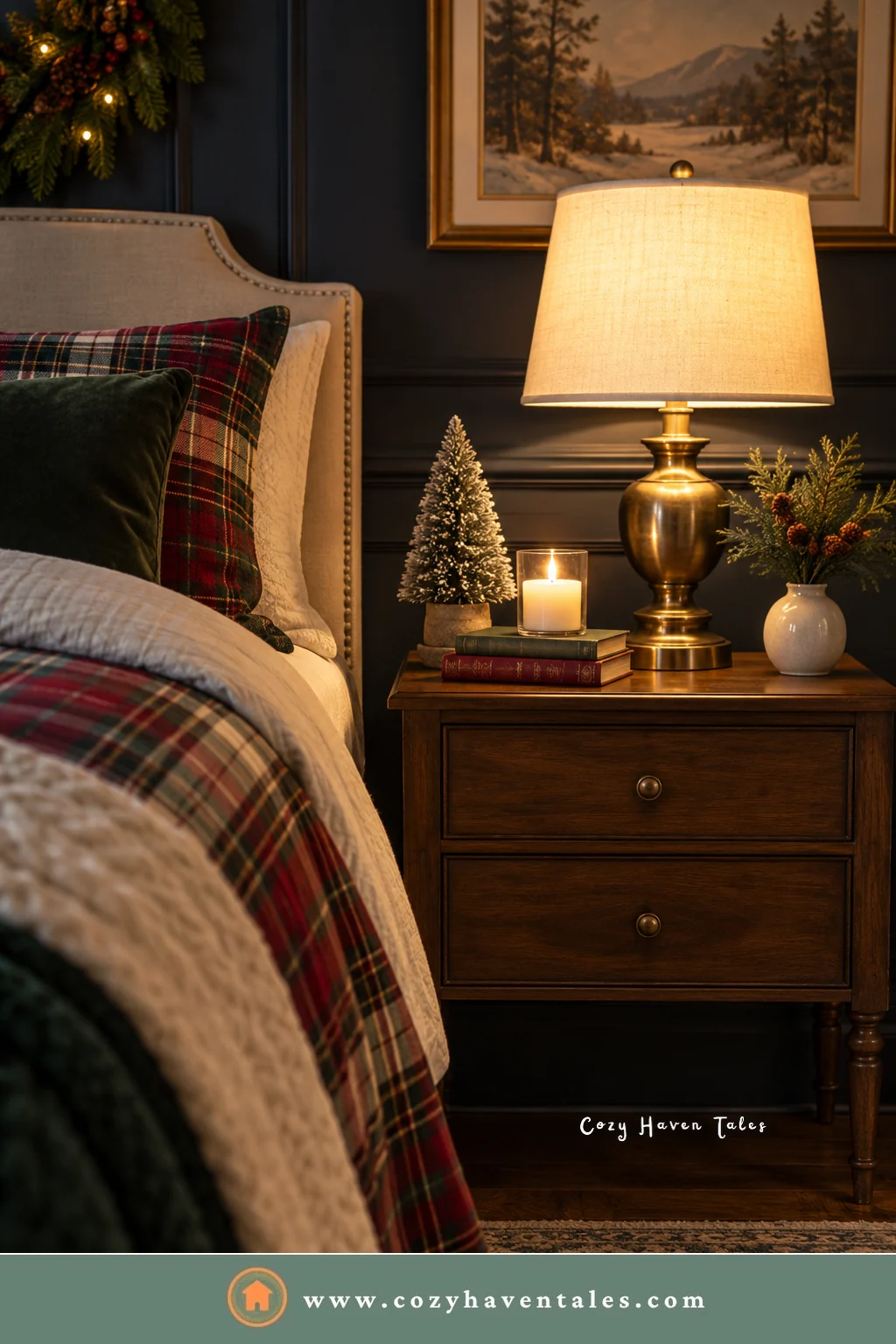 Compact bedside corner with a brass lamp, a mini tree, and plaid bedding, easy Christmas bedroom decor for a small bedroom