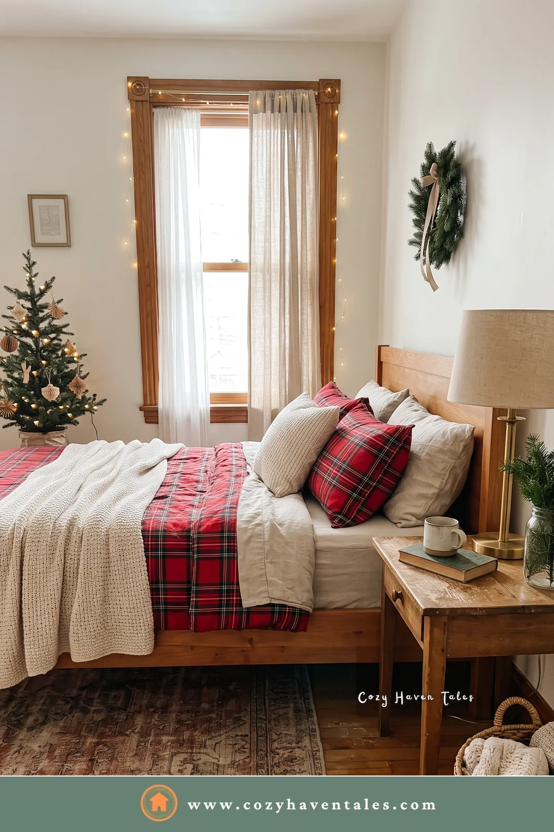 Small lit Christmas tree in the corner of a white bedroom with red plaid bedding and a wreath on the wall