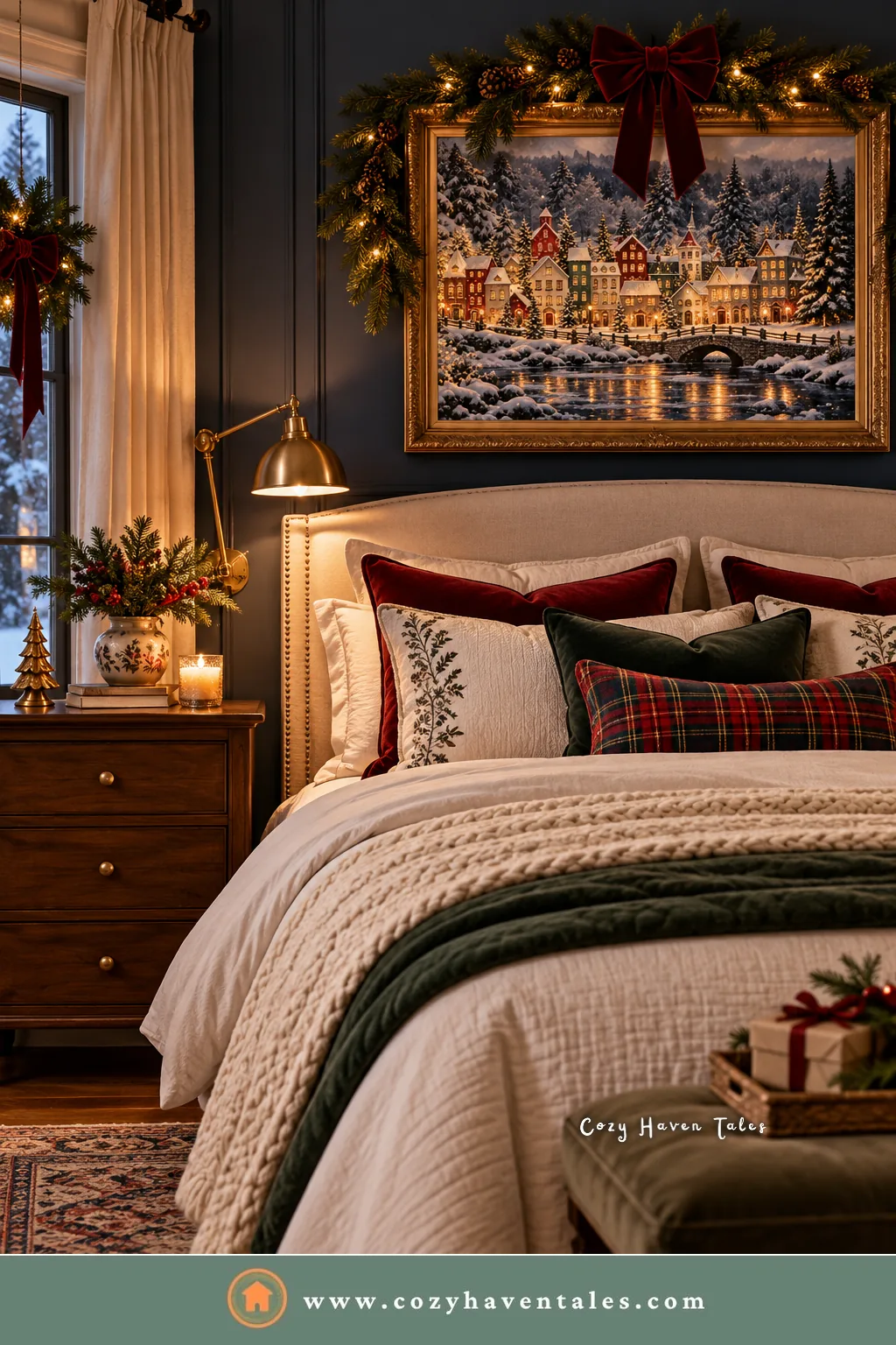 Vintage snowy landscape painting in a gilt frame above a bed with cream bedding and a plaid pillow
