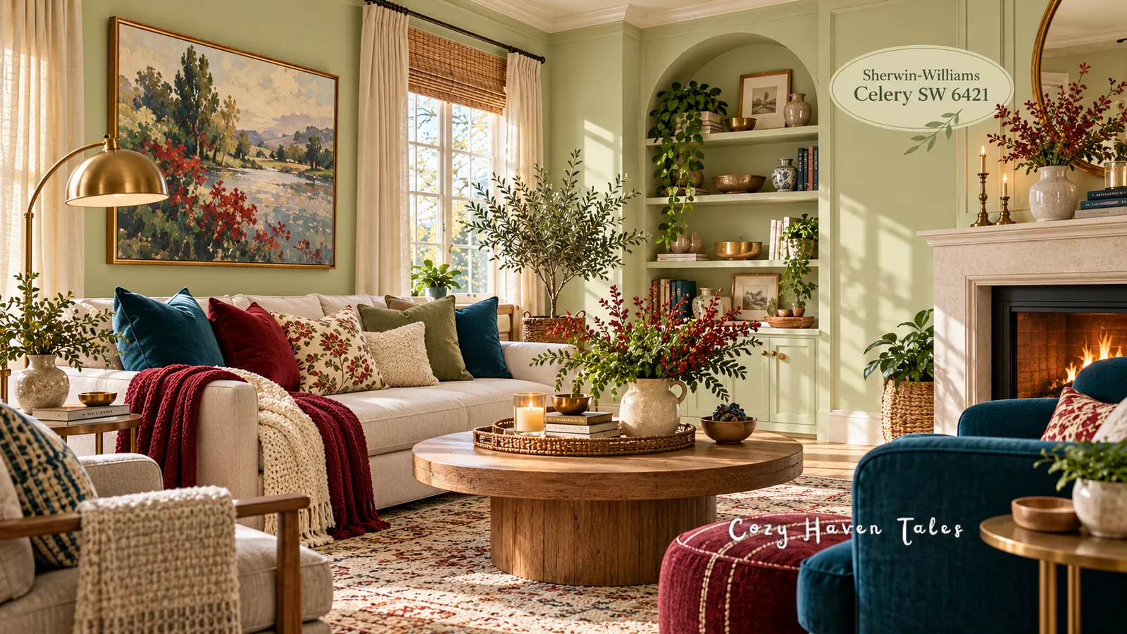 Living room with Sherwin-Williams Celery walls, a fireplace, a cream sofa with teal and red pillows, and a round wood coffee table