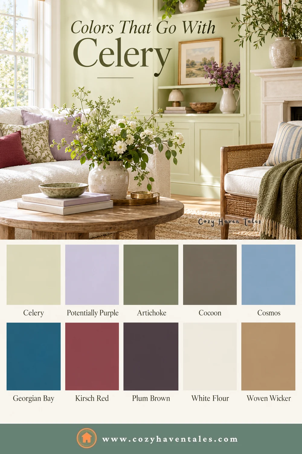 Colors that go with Sherwin-Williams Celery, with swatches of Potentially Purple, Artichoke, Cocoon, Cosmos, Georgian Bay, Kirsch Red, Plum Brown, White Flour, and Woven Wicker