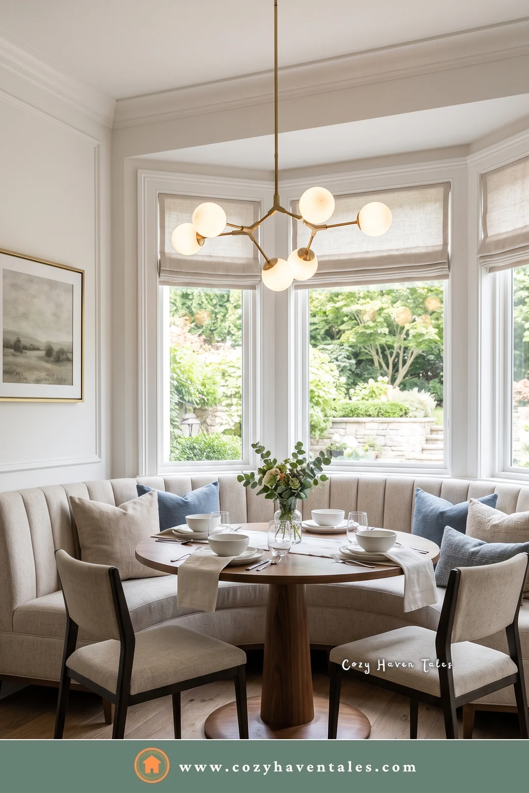Channel-tufted curved banquette under a glass globe pendant in a bay window with Roman shades