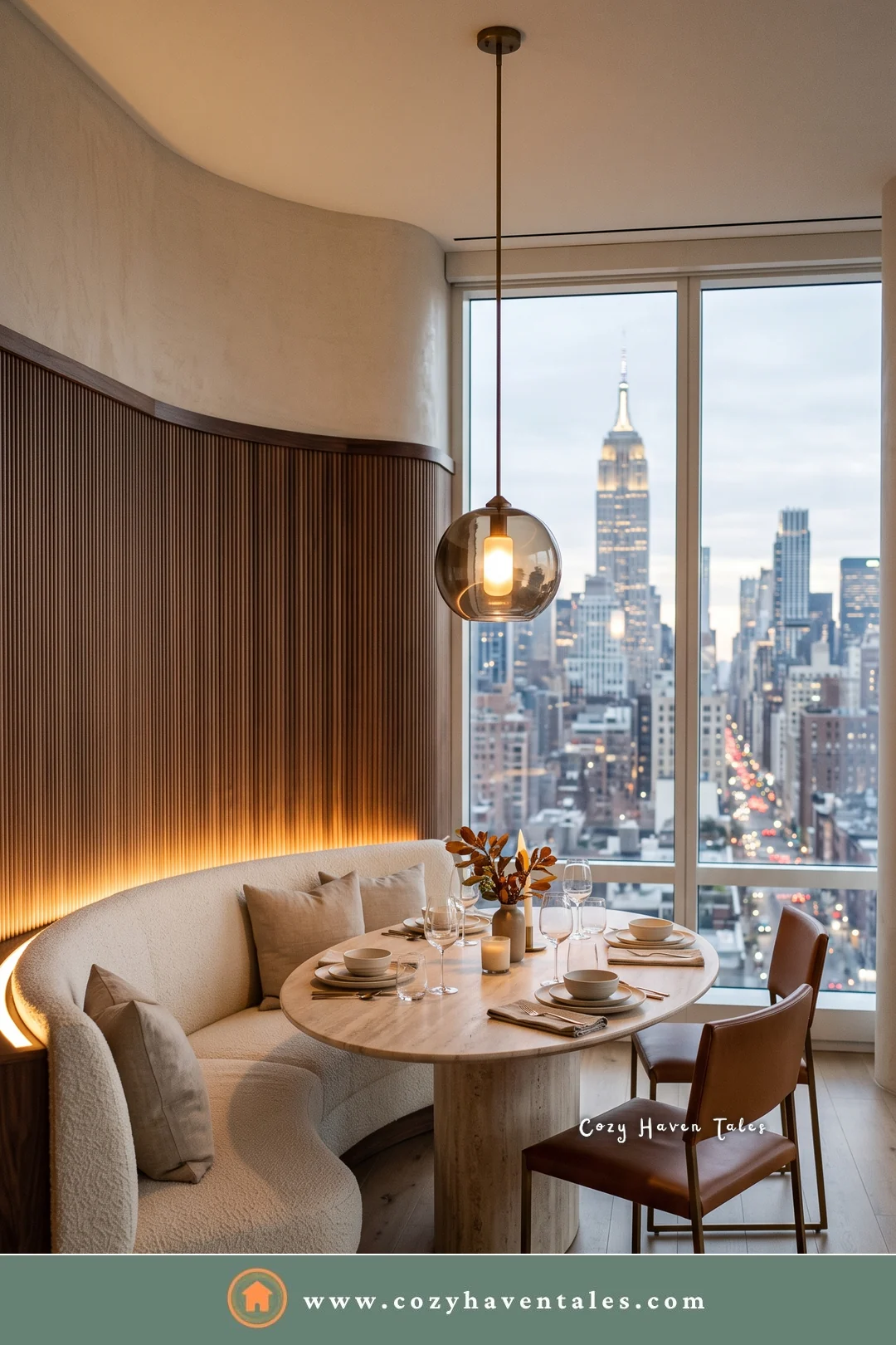 Boucle curved banquette seating against a walnut slat wall with a daytime skyline view