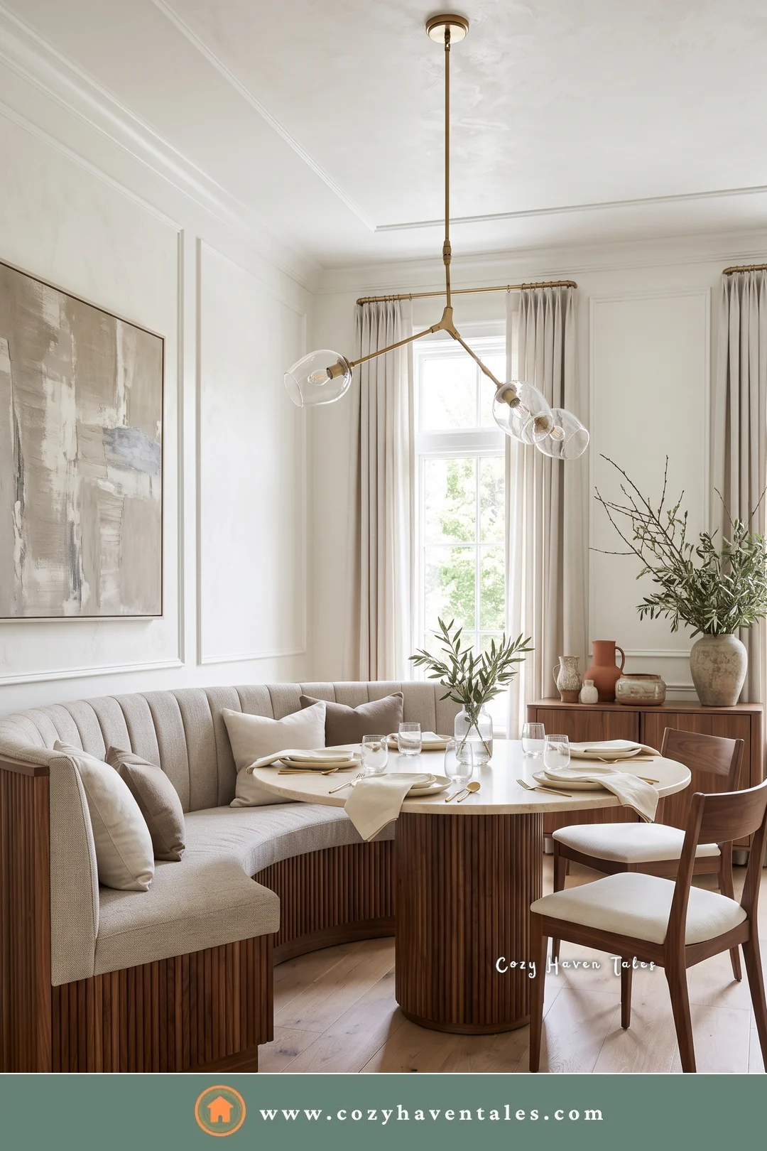 Built-in curved banquette with a fluted walnut base and a fluted pedestal table in a white dining room