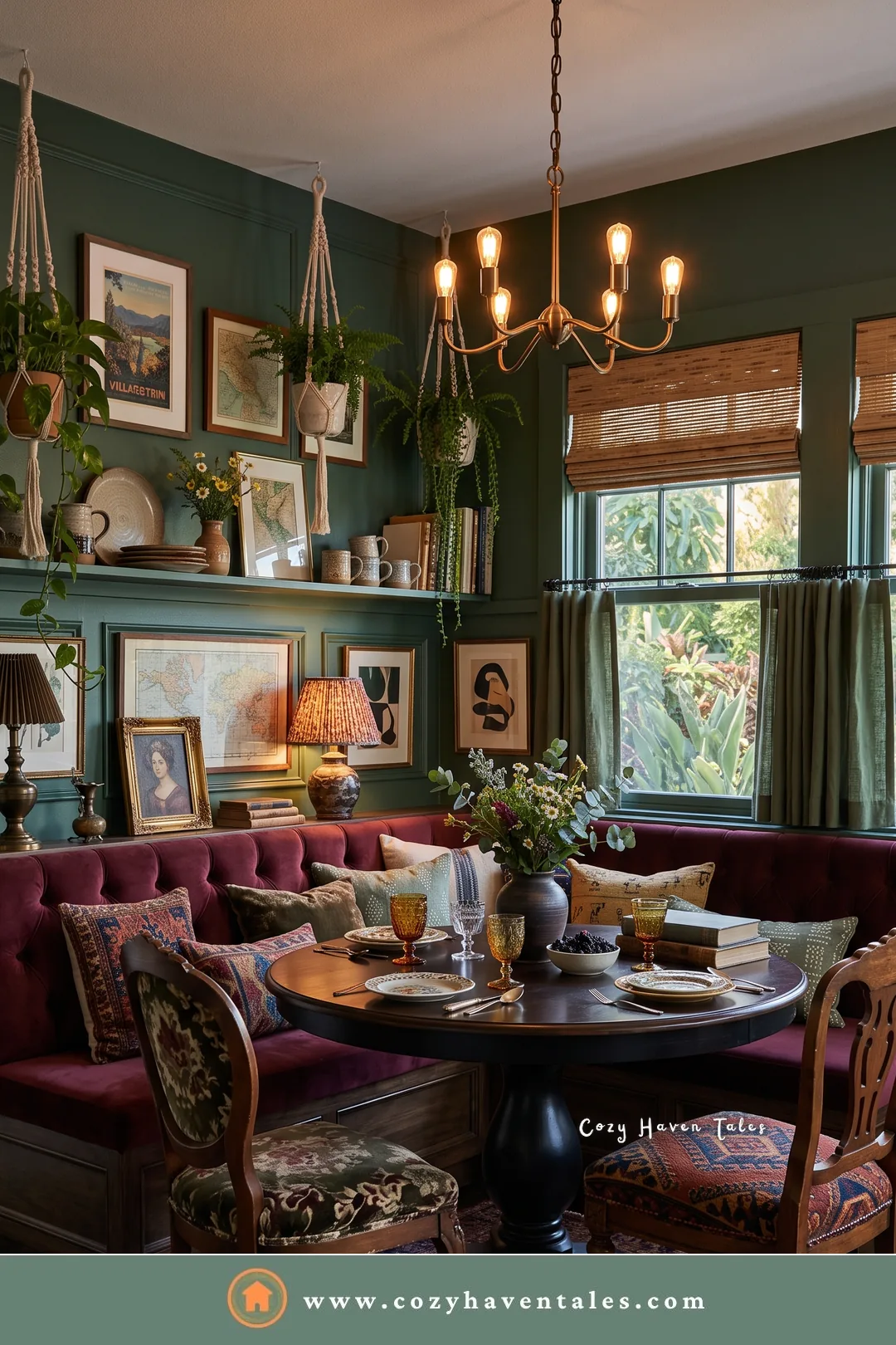 Burgundy tufted curved banquette seating under a plant shelf with macrame hangers and dark green walls