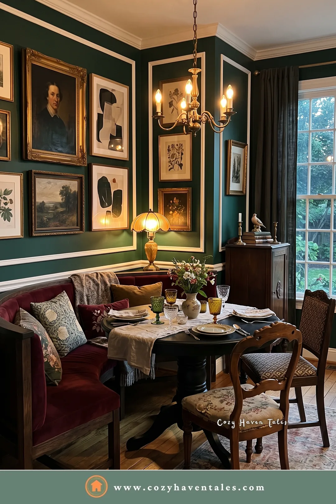 Burgundy velvet curved banquette in a dark green paneled room with gilded portraits and antique chairs