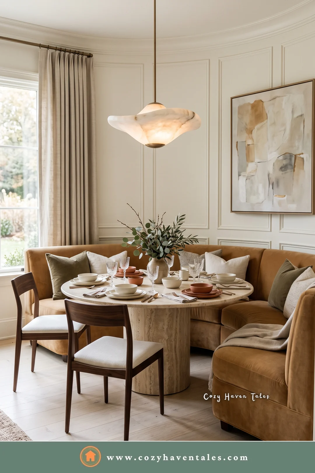 Camel velvet curved banquette in a rounded paneled room with a travertine table and an alabaster pendant