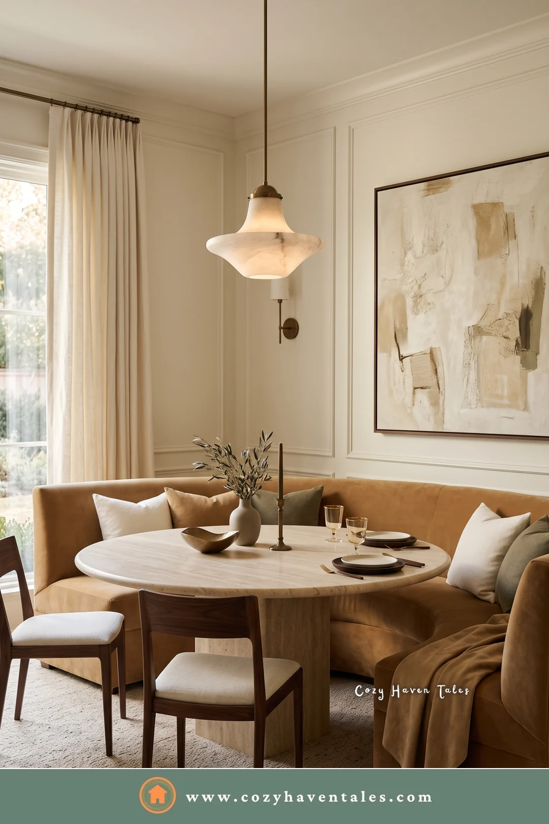 Camel velvet curved banquette seating with a draped throw, a travertine table, and an alabaster pendant