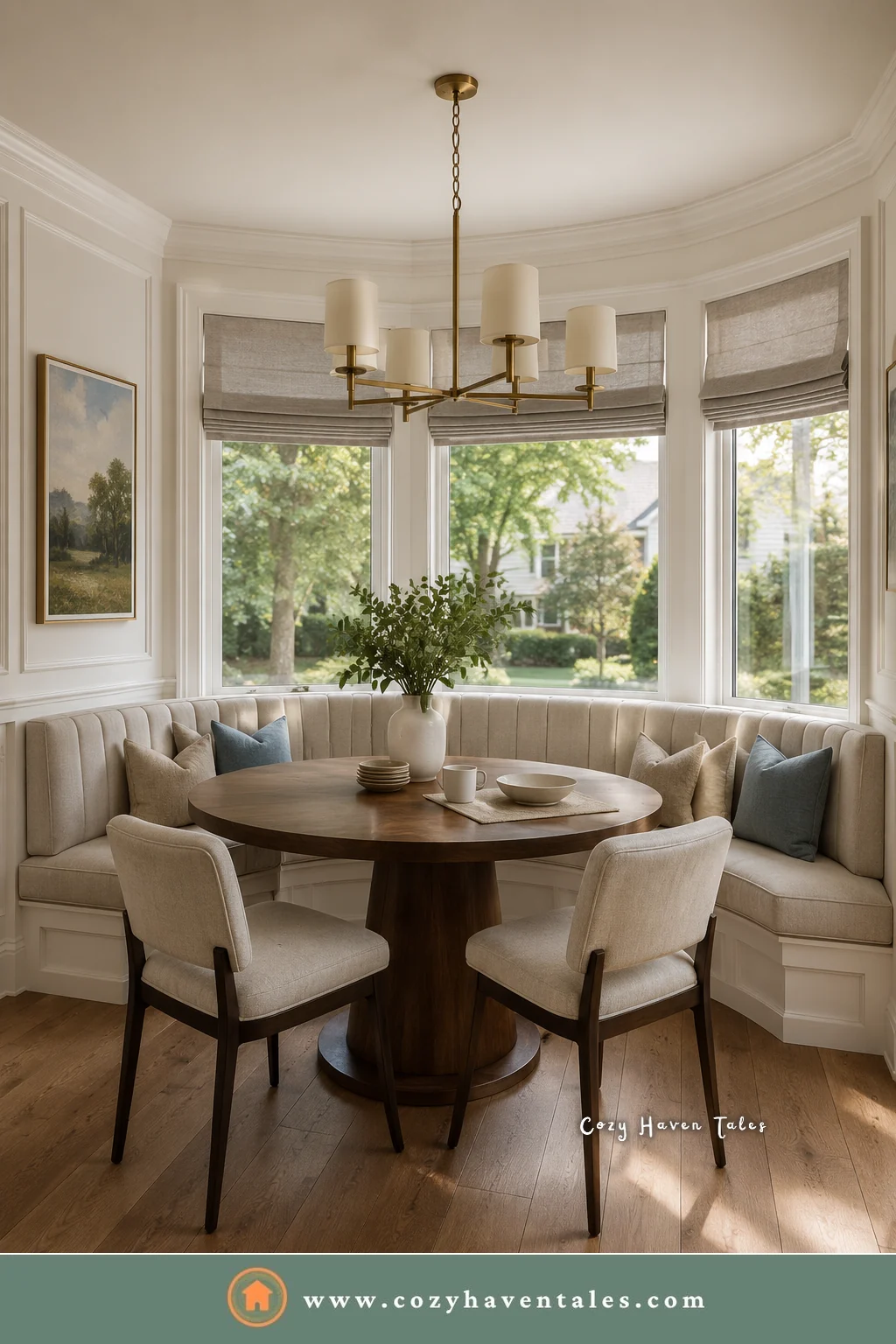 Cream tufted curved banquette in a bay window with a walnut table and a shaded brass chandelier