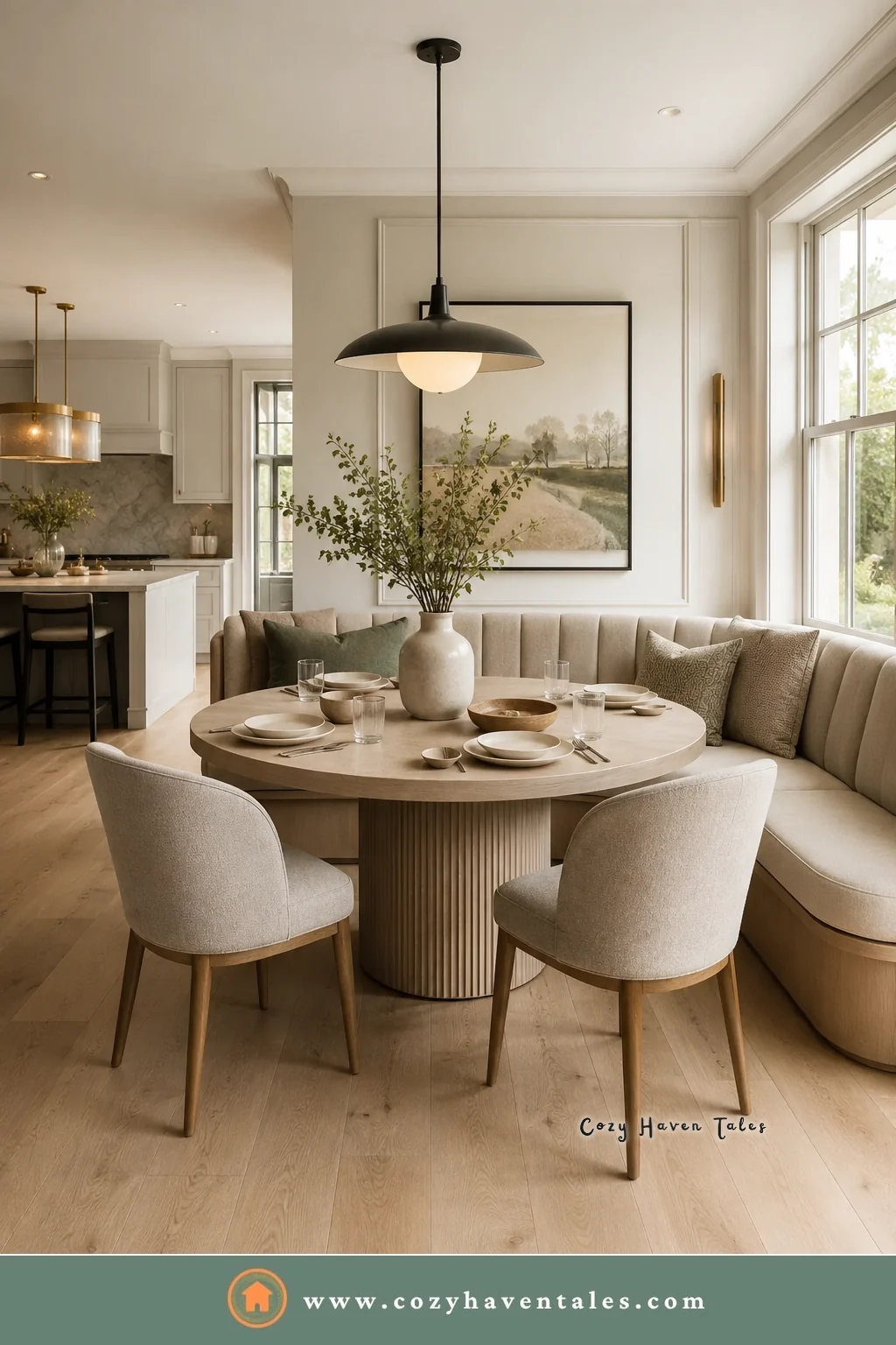 Large beige channel-tufted curved banquette seating with a fluted pedestal table and a black dome pendant