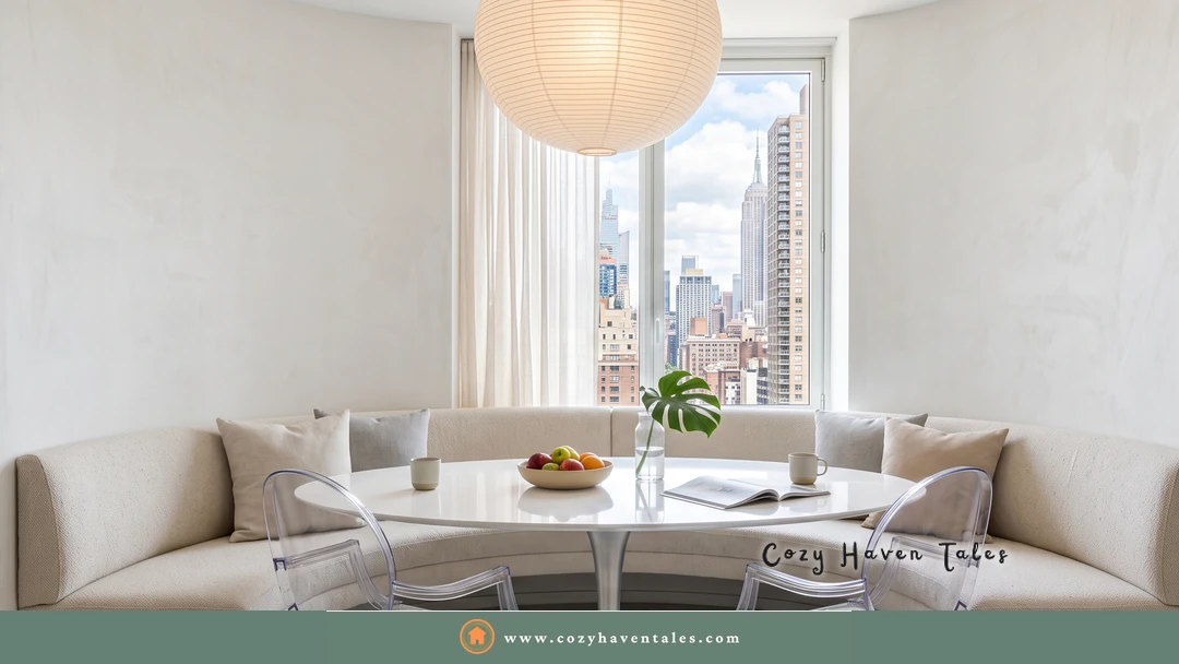 White curved banquette with a round white table, ghost chairs, and a paper lantern by a city window