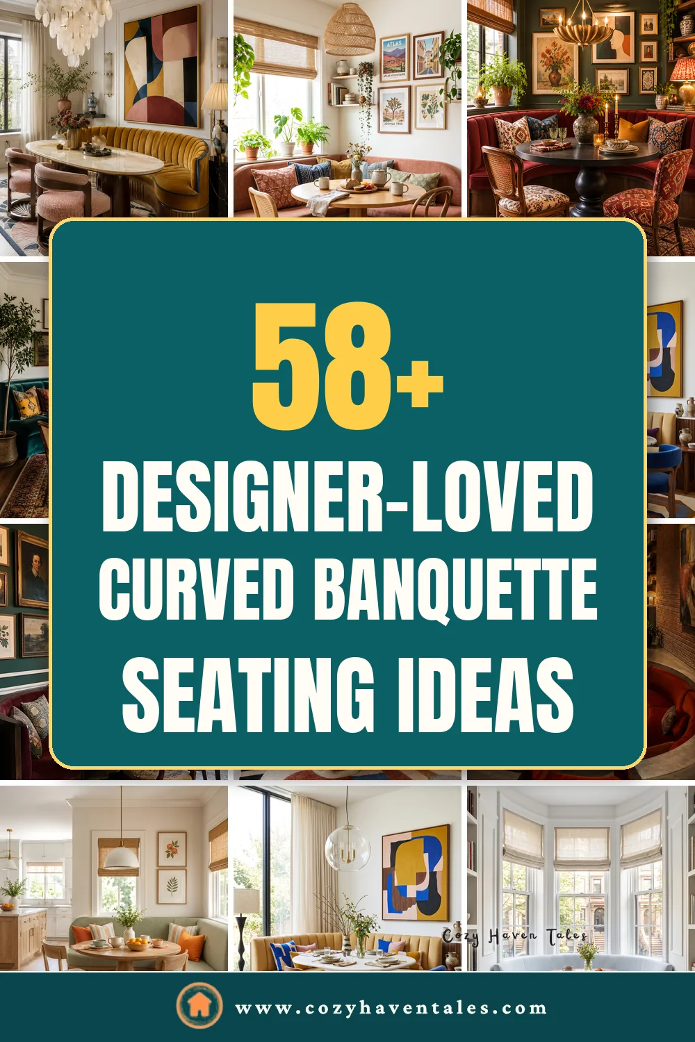 58+ designer-loved curved banquette seating ideas, a collage of colorful banquettes in mustard, terracotta, red, teal, and emerald